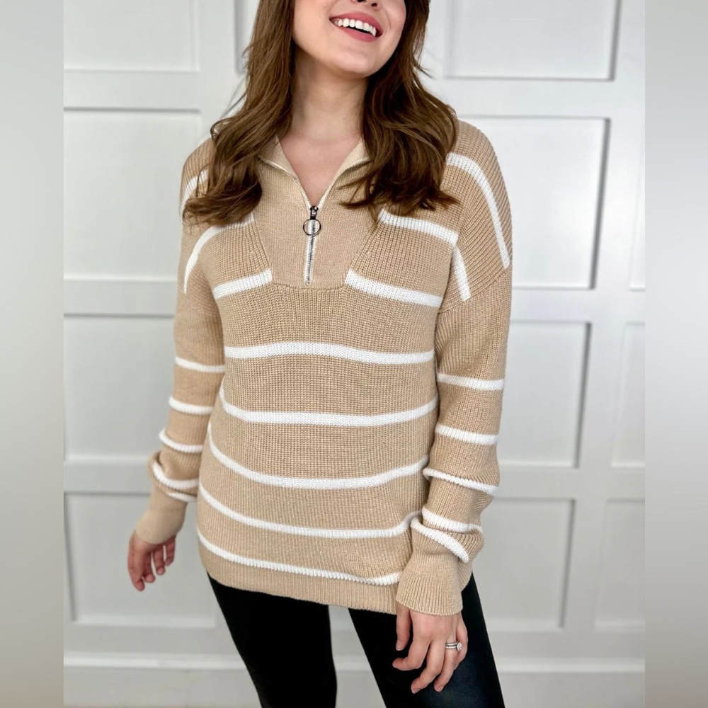 Jess Lea Beige White Striped 1/4 Zip Knit Pullover Sweater Size M